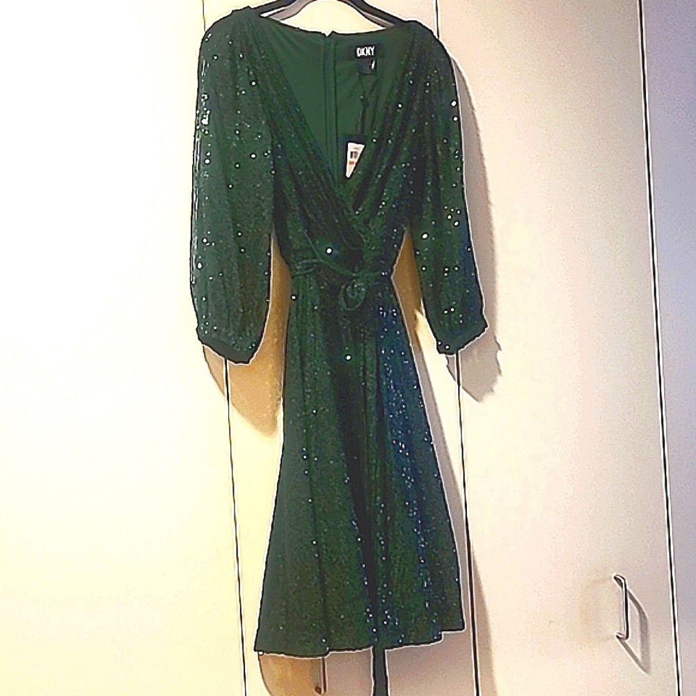 Emerald green, wrap style, A-line skirt,  sequined DKNY dress. Size 2